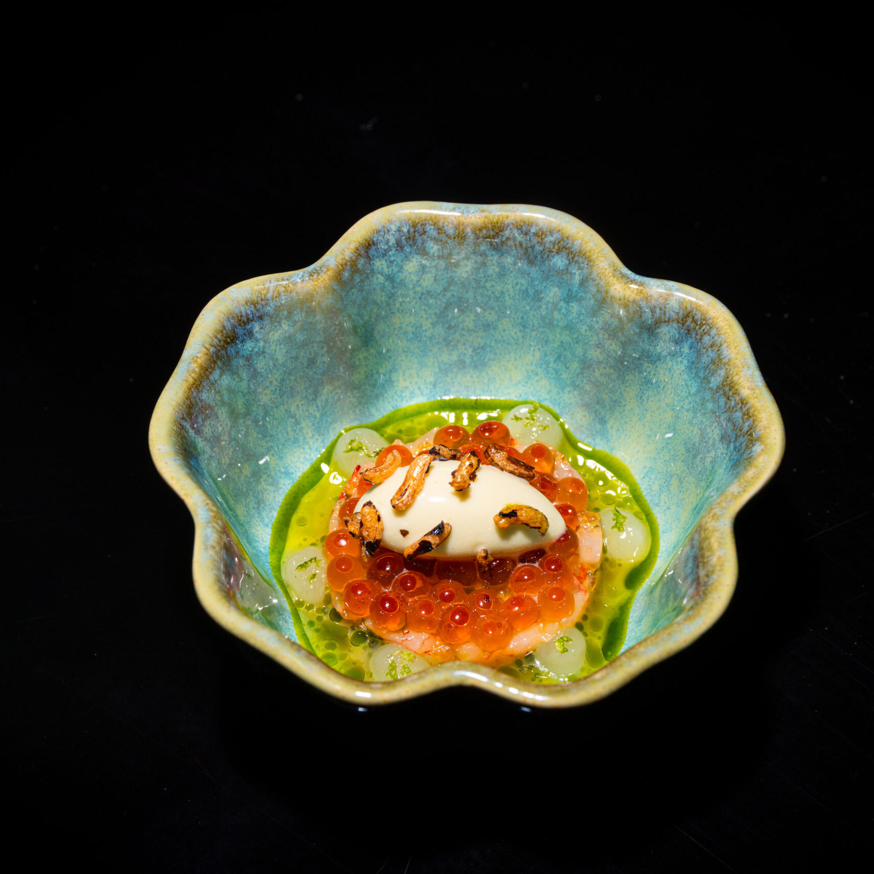 Sicilian red shrimp, Sichuan sorbet, ikura, celtuce